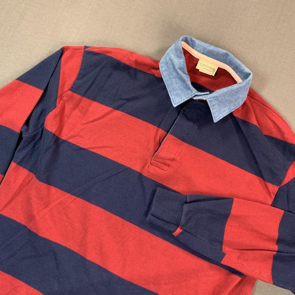 Saddlebred Polo Shirt Mens XL Blue Red Rugby Stripe Long SLV USA Chambray Collar